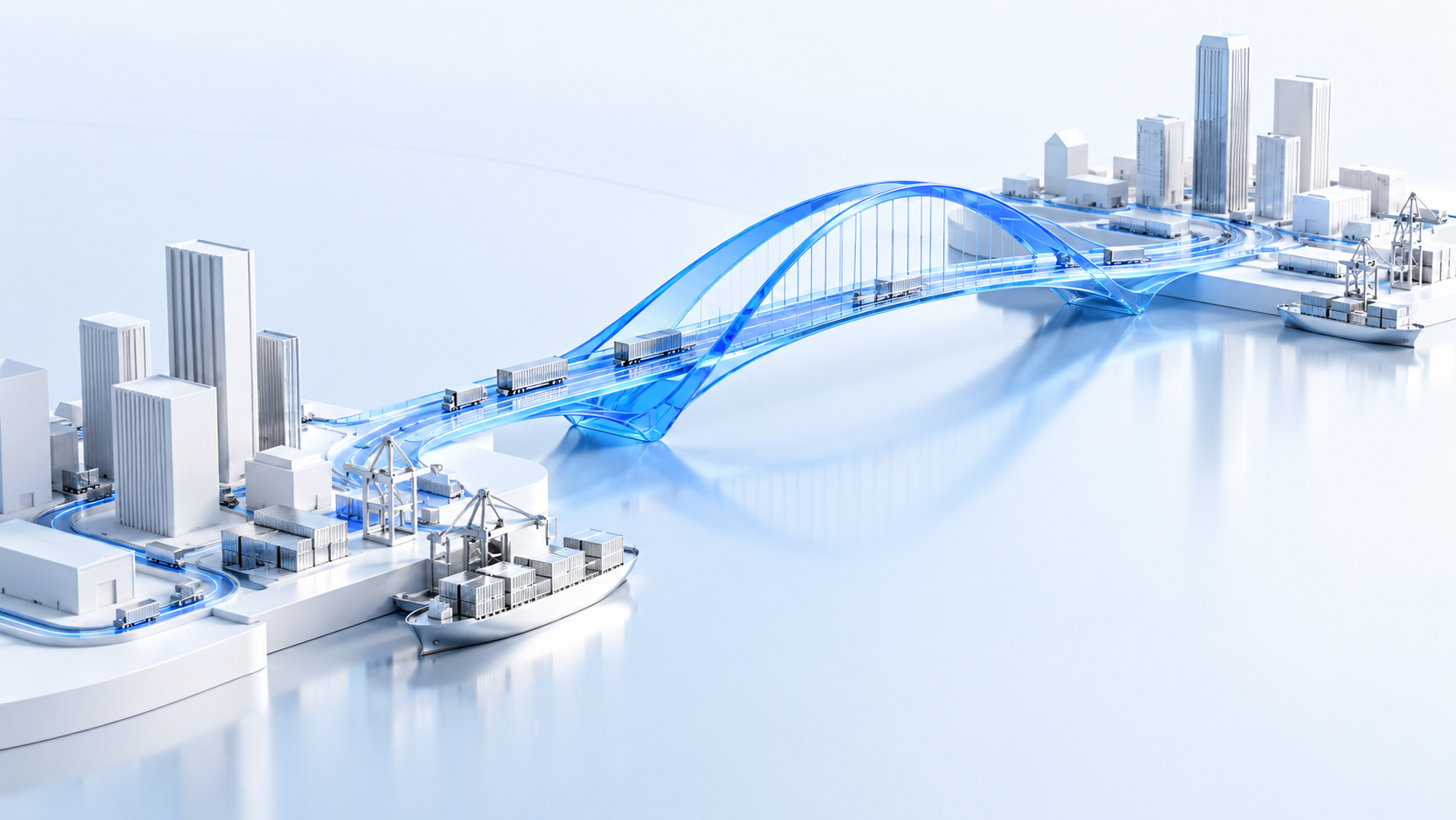 A blue bridge connecting two city ports, symbolizing connections between brands and markets